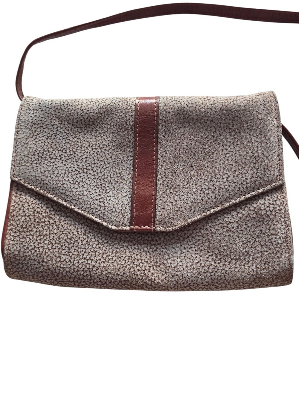 Vintage Textured Suede Crossbody Bag With Brown Leather Trim